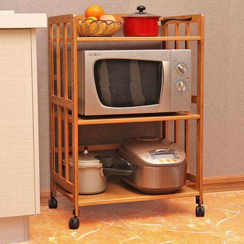 厨房置物架烤箱微波炉架蔬菜落地多层三层可移动带轮实木收纳层架