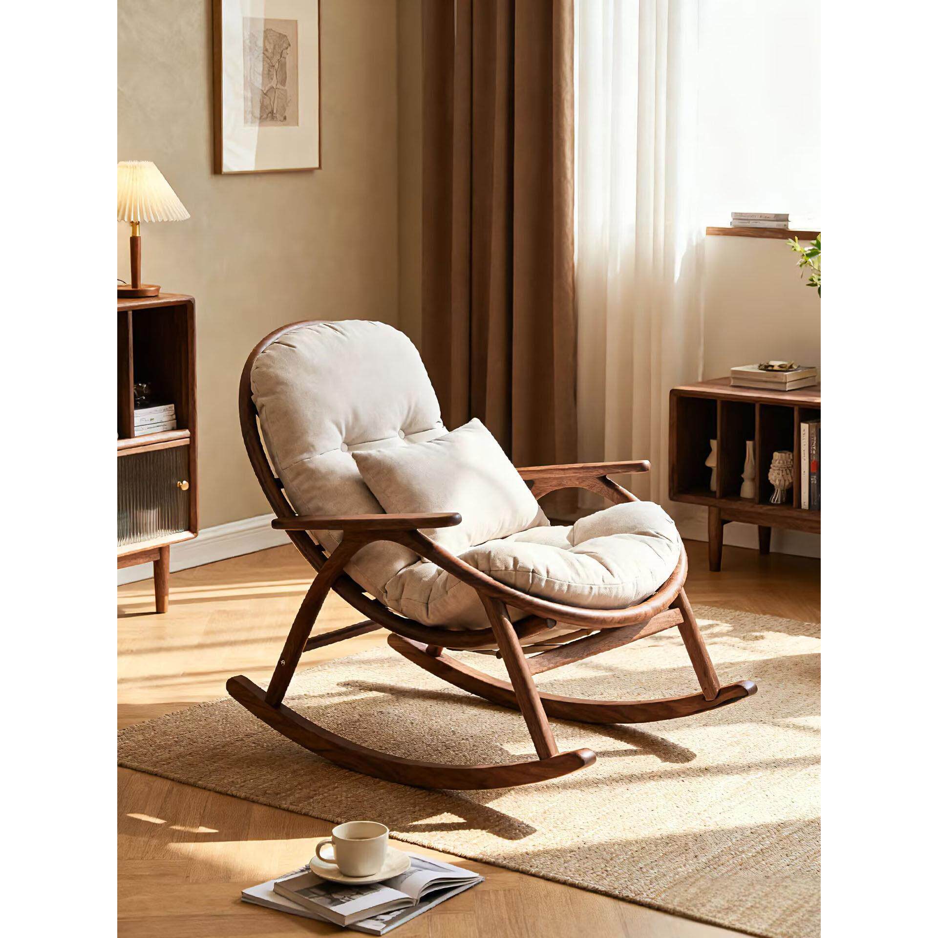 新中式北美黑胡桃木摇摇椅宋式美学极简休闲椅客厅阳台全实木躺椅