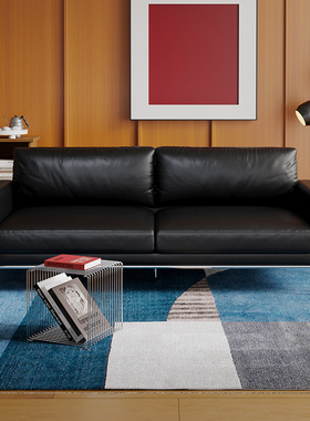 斯帝罗兰复古真皮沙发小户型中古风客厅直排包豪斯头层牛皮黑色U