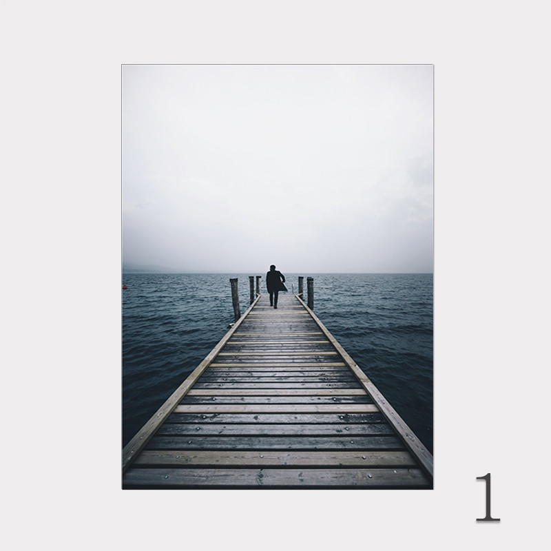 北欧简约创意黑白海景码头三联装饰画客厅沙发风景挂画玄关走道画