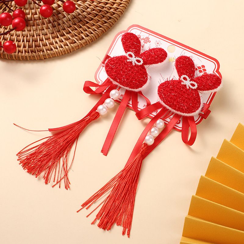 儿童新年红色发夹中国风汉服可爱小女孩发卡喜庆流苏毛球对夹发饰