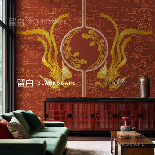 中式复古祥云凤凰墙布国风火锅店
