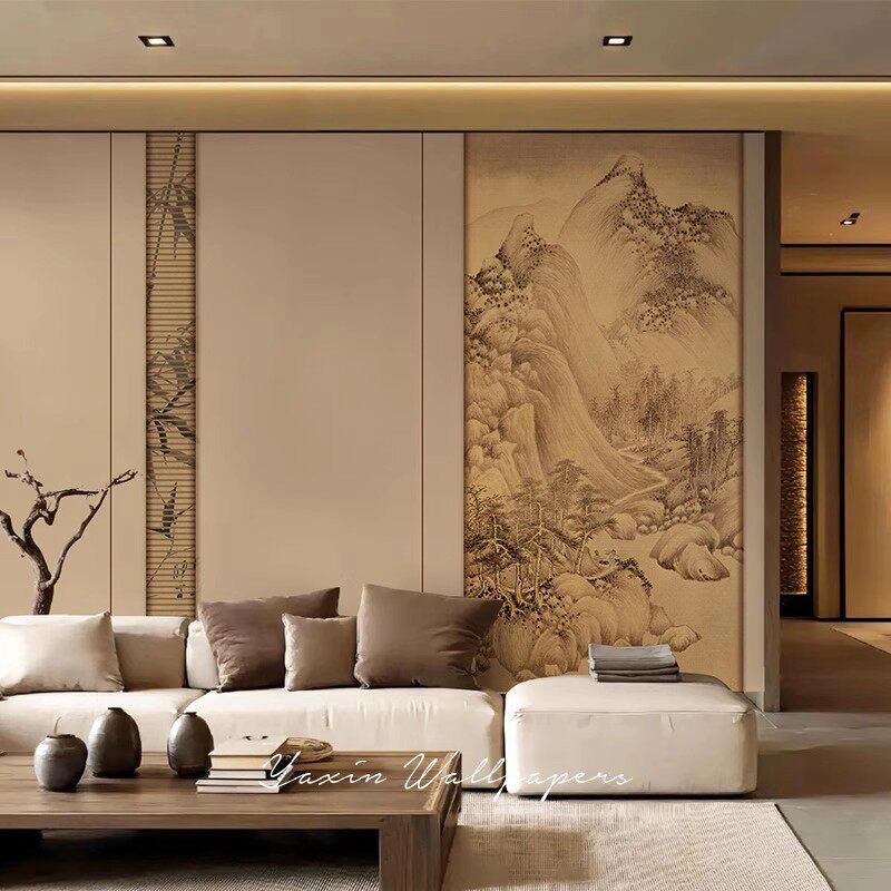 山水中式宋式美学复古壁纸茶室古典背景墙定制壁画无纺布墙布墙纸