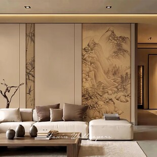 山水中式 美学复古壁纸茶室古典背景墙定制壁画无纺布墙布墙纸 宋式