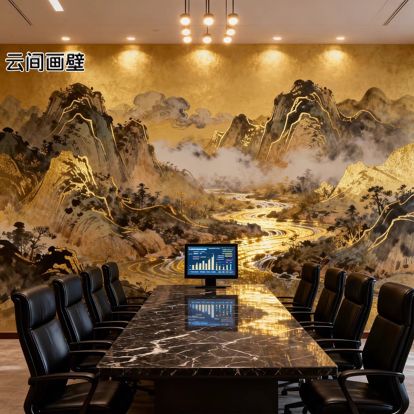 办公室金色山水背景墙布3D流水生财风景墙壁纸水墨山水影视墙壁布,家装主材,定制壁画,淘宝优惠券,粉丝福利购,淘宝优惠卷
