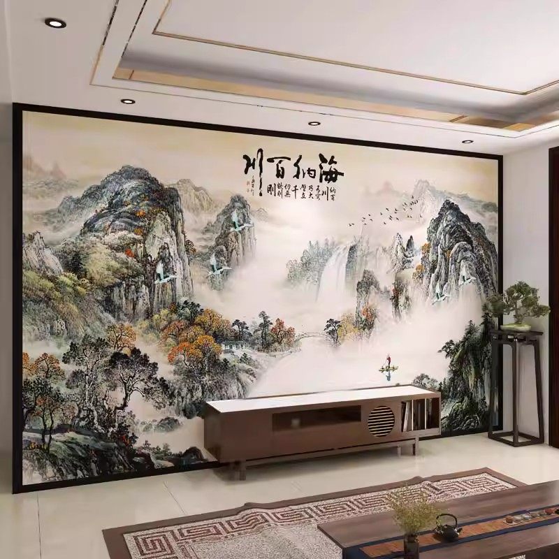 壁画3d立体中式山水电视背景墙壁纸客厅墙纸沙发装饰壁布影视墙布