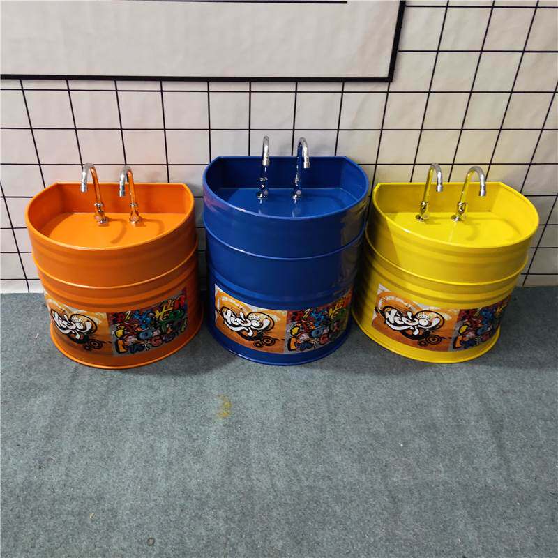 油桶工业风洗手盆儿童洗手池卡通幼儿园彩色一体落地立柱式洗手台