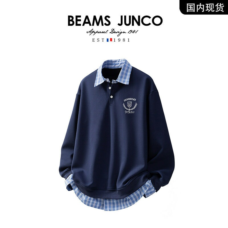 BEAMS JUNCO衬衫领假两件卫衣男春秋季学院风设计感深蓝色潮上衣