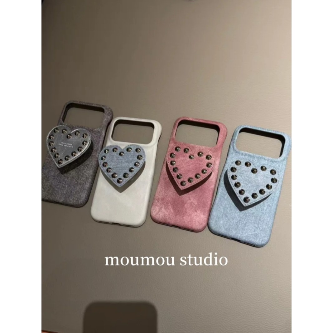 MOMOMOSTUDIS小众ins韩系纯色皮纹铆钉爱心支架适用i