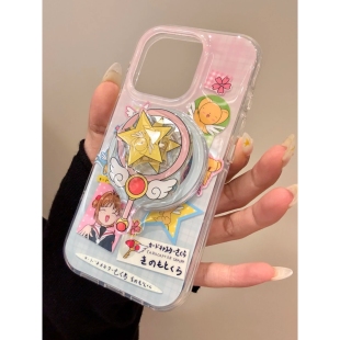 MOMOMOSTUDIOS可爱ins粉蓝格纹小樱变身器旋转磁吸支架适用iPhone16promax新款 15pro苹果手机壳14pro双层13软
