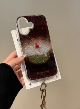 闪粉小众美味抹茶草莓小蛋糕手机壳适用于iPhone16promx新款15保护套14pro挂绳13全包双层软壳女款防摔