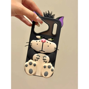 MOMOMOSTUDIOS卡通ins可爱黑色斜眼猫咪适用iPhone17promax新款16pro苹果手机壳15pro硅胶14全包13防摔软壳