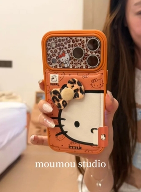 MOMOMOSTUDIOS韩系ins可爱橙色皮质半脸KT猫蝴蝶结适用iPhone17promax新款16pro苹果手机壳15pro全包14保护套