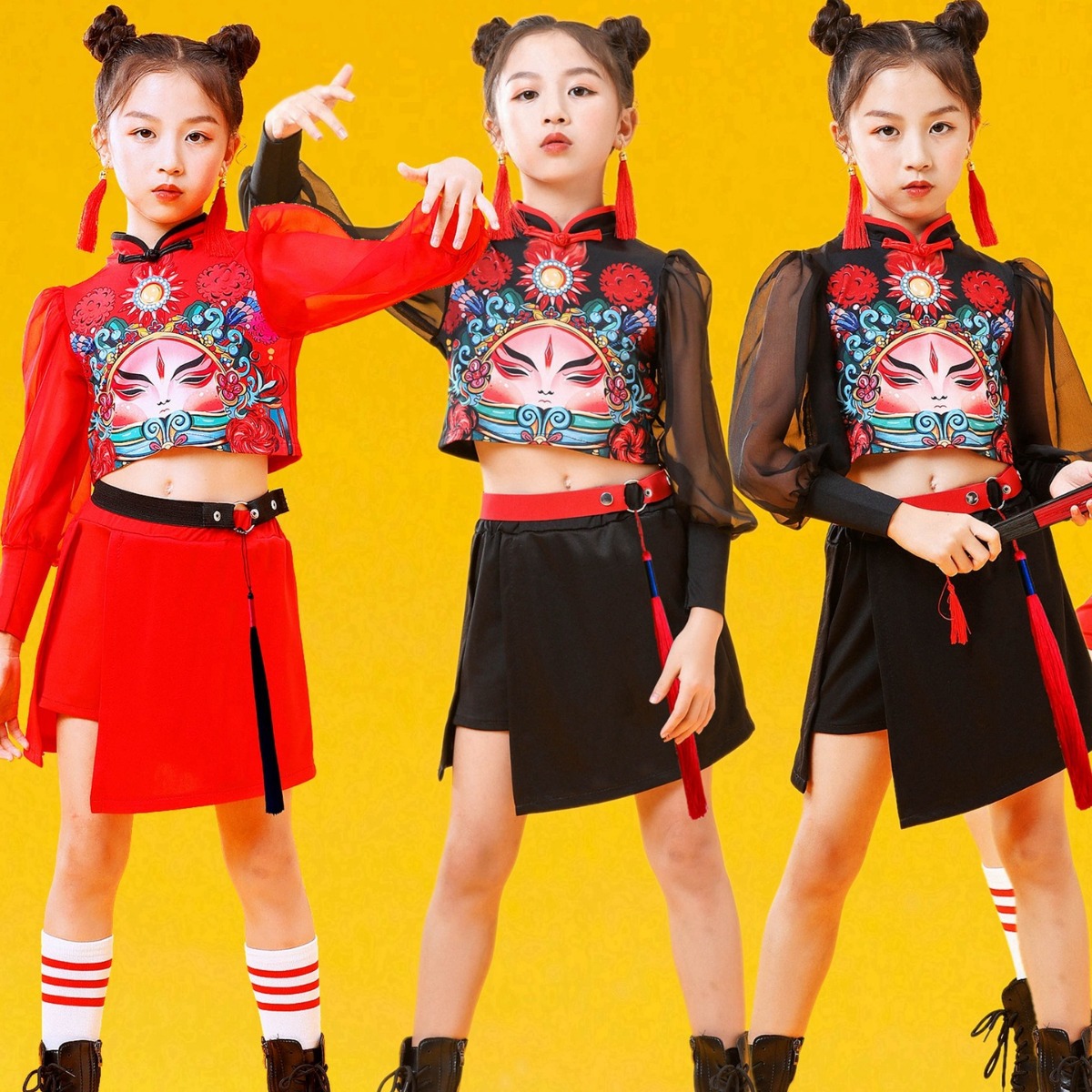 国潮喜庆街舞走秀爵士舞表演服嘻哈潮服男女童宽松演出服元旦套装