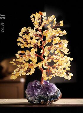 天然黄紫粉水晶发财树摆件碎石紫晶簇原石树家居办公室工艺品摆件