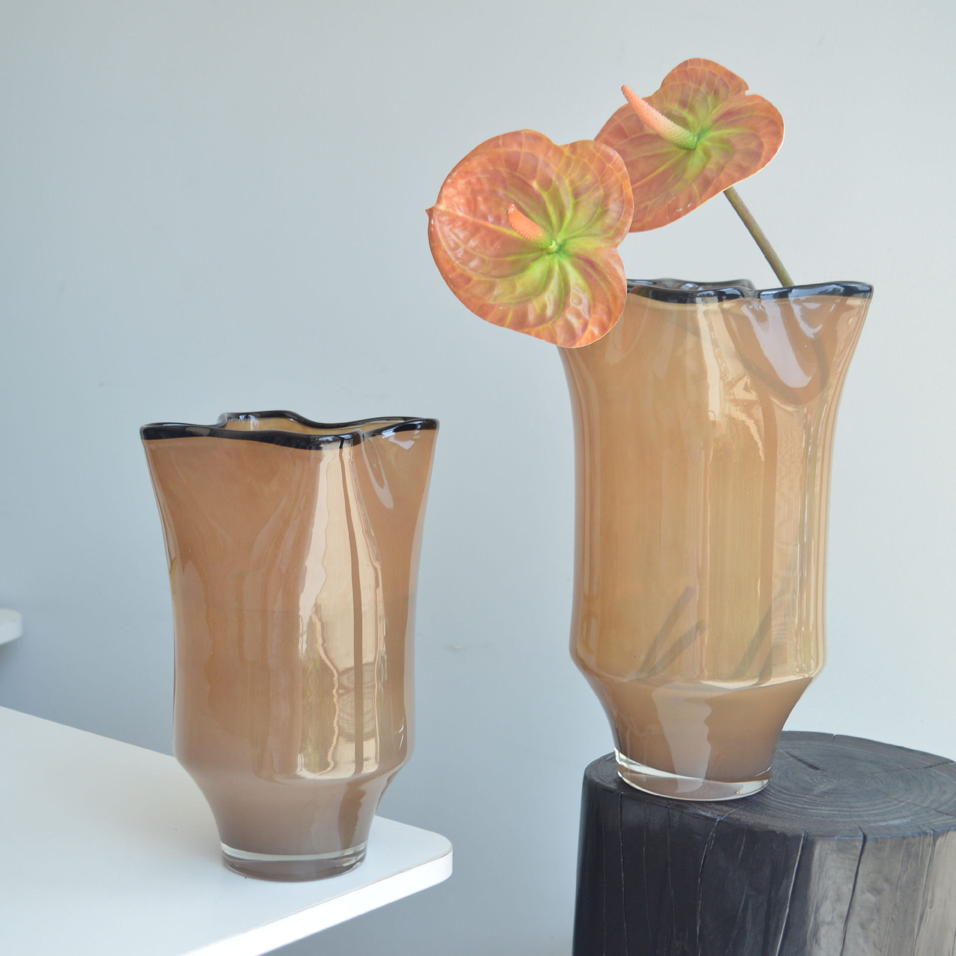 现代高级浅棕黑边皱褶新中式高级手工琉璃玻璃花瓶客厅玄关插花,电子元器件市场,电线扎带/束线带,淘宝优惠券,粉丝福利购,淘宝优惠卷