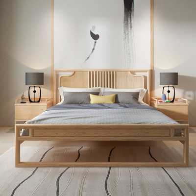 新中式全实木床简约大气酒店家用白蜡木双人床卧室1.8m大床定制