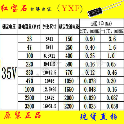 电解电容 35V 33UF 47UF 100UF 220UF 330UF 470UF YXF 红宝石