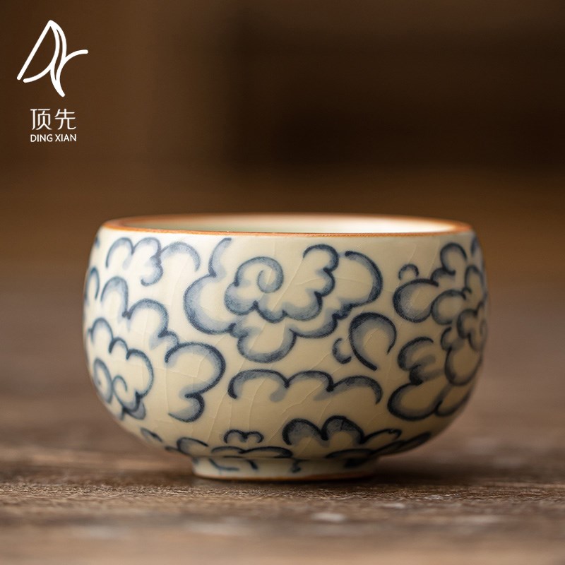 祥云品茗杯单杯汝窑陶瓷釉下彩个人专用花口茶杯主人杯茶杯A9415