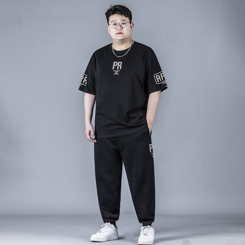 短袖套装男宽松春夏季潮休闲大码男装加肥加大胖子T恤长裤两件套