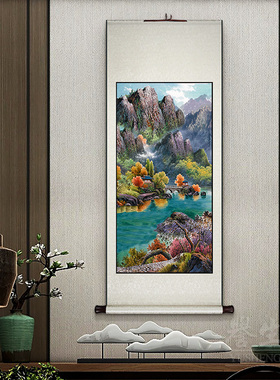 中式挂画卷轴玄关装饰画客厅山水国画走廊过道壁画餐厅书房墙画
