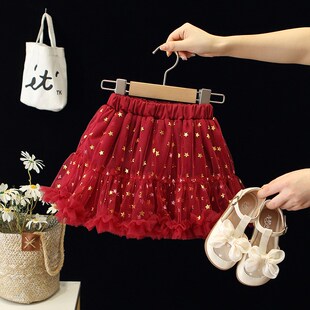 女童半身裙纱裙红色儿童夏季短裙舞蹈演出裙子女孩宝宝四季蓬蓬裙