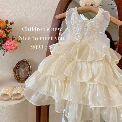 女童吊带裙夏季小女孩洋气时尚公主裙女宝宝蝴蝶翅膀礼服蛋糕裙