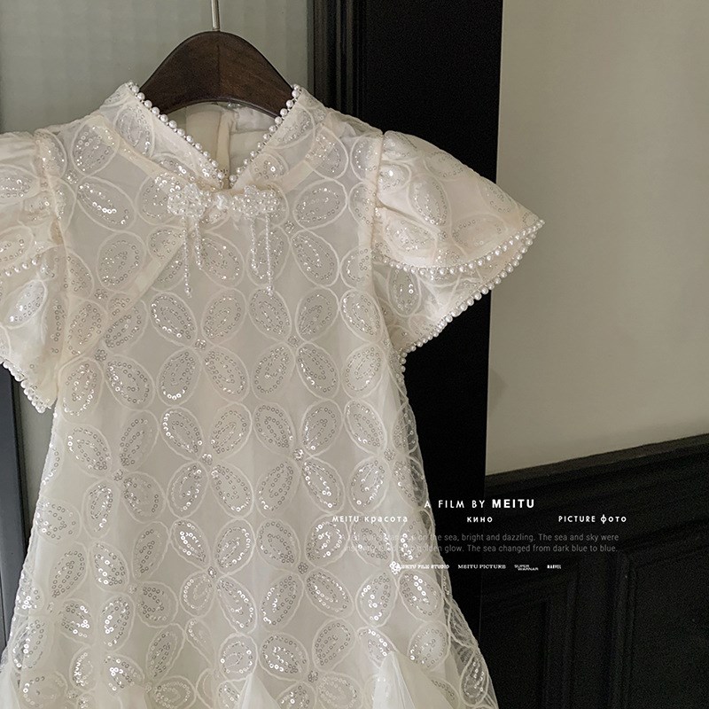 女童旗袍连衣裙夏季2024新款洋气女孩亮片新中式盘扣白色公主纱裙