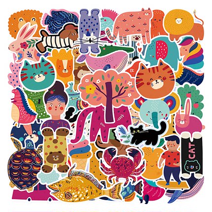 50张人与环境和动物主题多巴胺卡通贴纸可爱小猫小狗小熊小兔装饰手机壳充电宝笔记本行李箱电脑水杯防水贴纸