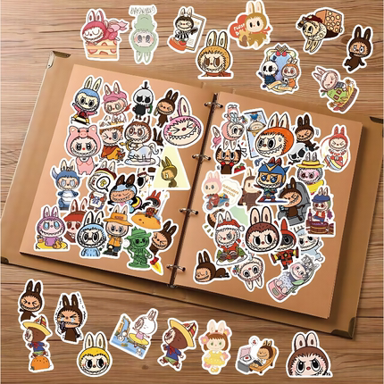 50张卡通动画拉布布labubu贴纸DIY手机电脑笔记本充电宝行李箱桌面水杯眼镜盒墙面遮丑不干胶造景防水贴纸