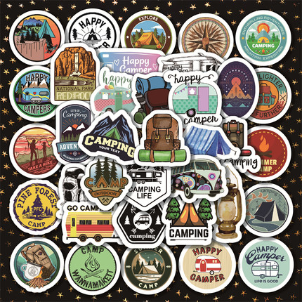 50张卡通圆形创意户外露营贴纸diy手机电脑充电宝ipad水杯收纳储物箱桌面笔记本摆件装饰防水不干胶造景贴纸