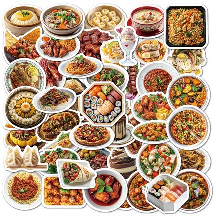 50张卡通食物满汉全席高清贴纸装饰手机电脑充电宝笔记本行李箱储物箱收纳柜ipad桌面墙面水杯手账素材贴纸