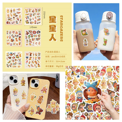 100张星星人卡通不干胶贴纸装饰手机壳笔记本电脑ipad行李箱桌面防水贴画环保无异味图案不重复