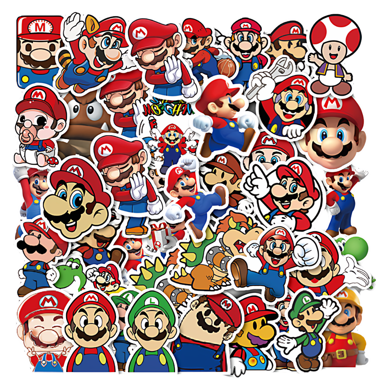 50张经典怀旧游戏马里奥超级玛丽贴纸diy手机电脑充电宝行李箱水杯桌面墙面门窗防水装饰不干胶造景动画贴纸