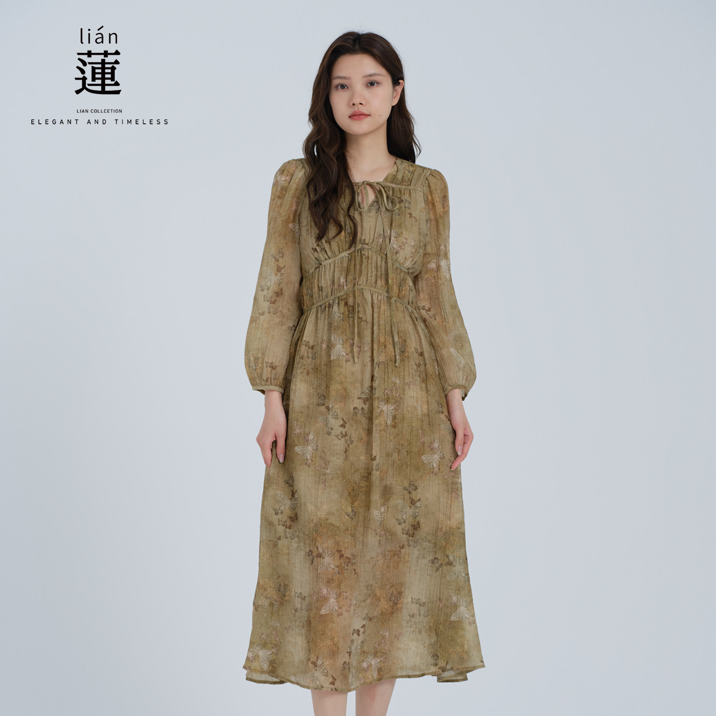 阿依莲古典印花连衣裙女秋季新款时尚气质收腰显瘦设计感a字裙子