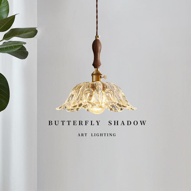 复古风法式黄铜小吊灯胡桃木餐厅吧台民宿床头透明玻璃花朵吊灯