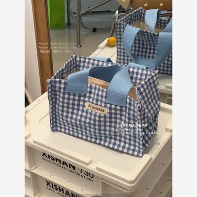 明天开始早睡 蓝格子加厚手提便当包饭盒包袋子饭兜上班族饭盒