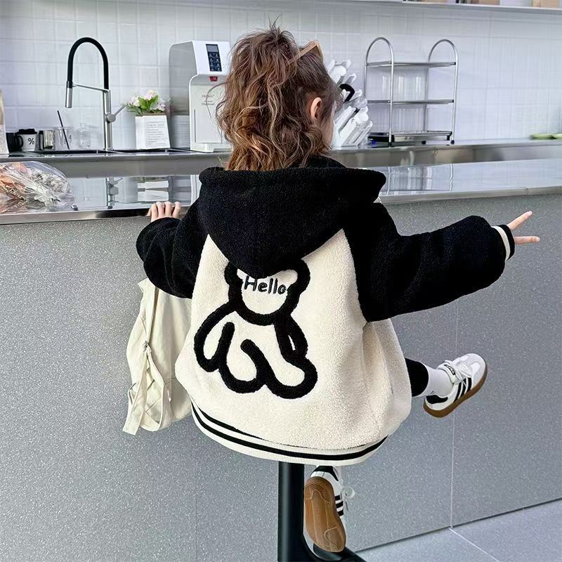 女童夹棉羊羔绒冬季毛衣连帽上衣