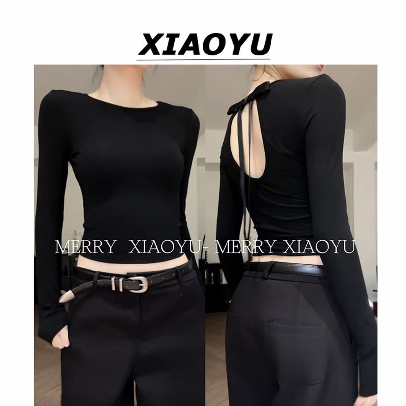妙前小鱼【时髦秘密】松弛感蝴蝶结露背修身短款T恤显瘦正肩上衣