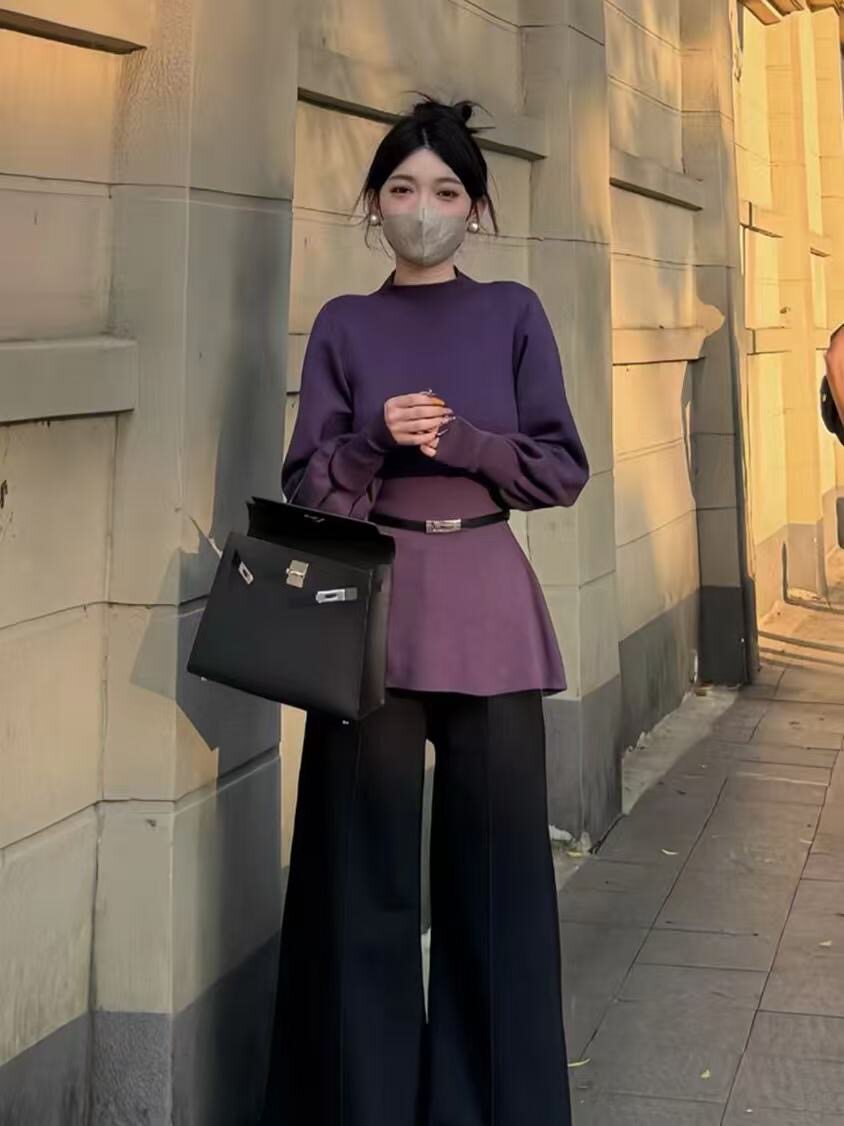 2025秋冬新款法式气质蝙蝠袖时髦针织衫女装高级优雅紫色毛衣上衣