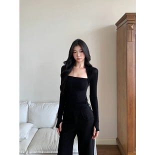 withmin凉皮 北海花园 辣妹显瘦百搭长袖正肩方领T恤上衣