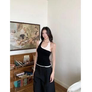 WITHMIN 吊带背心女夏2025新款修身显瘦假两件辣妹挂脖上衣女无袖