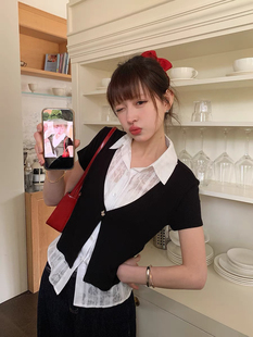 吵吵家 黑色短袖假两件衬衫女夏季休闲polo领修身设计感小众上衣