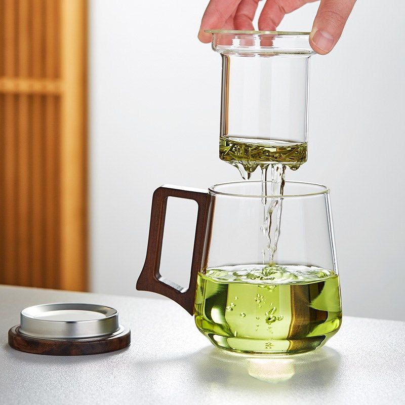美斯尼玻璃杯茶杯茶水分离水杯男士办公室专用过滤喝茶杯子木把杯