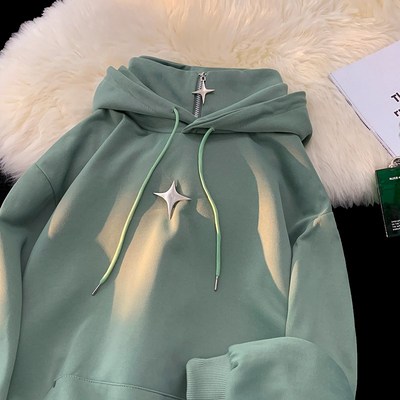 高领连帽加绒加厚卫衣男女款高级感冬季重磅假两件半拉链上衣外套