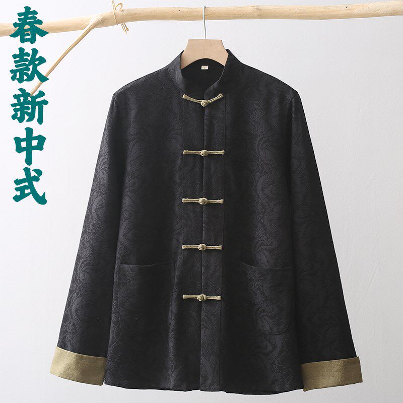 新中式唐装男青年中国风春秋款撞色盘扣提花复古男装长袖上衣外套