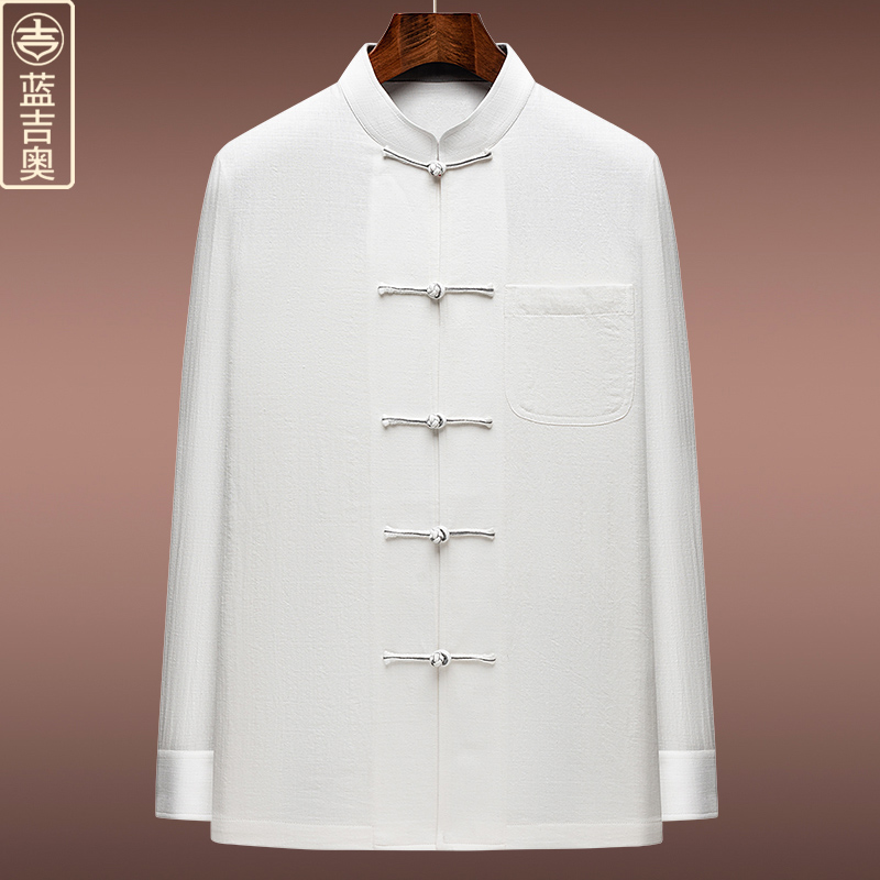中青年男士唐装衬衫春秋季长袖盘扣上衣中式男装爸爸中国风打底衫
