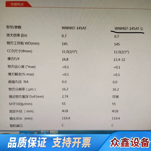 WWH07-145AT-G视清。远心镜头。物方远心带光圈，0