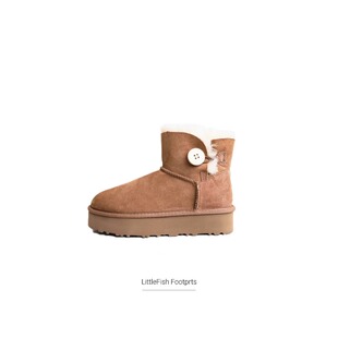LittleFish |【厚底低筒木扣】羊皮毛一体雪地靴真皮毛增高保暖
