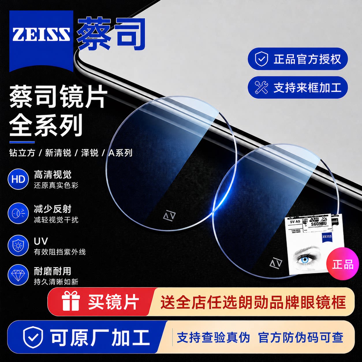 蔡司镜片泽锐1.74钻立方新清锐防蓝光铂金膜变色近视镜片1.67配镜